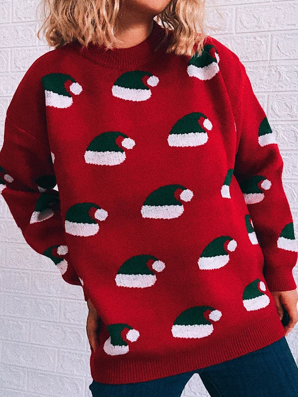 Women's Sweaters Christmas Hat Round Neck Long Sleeve Sweater