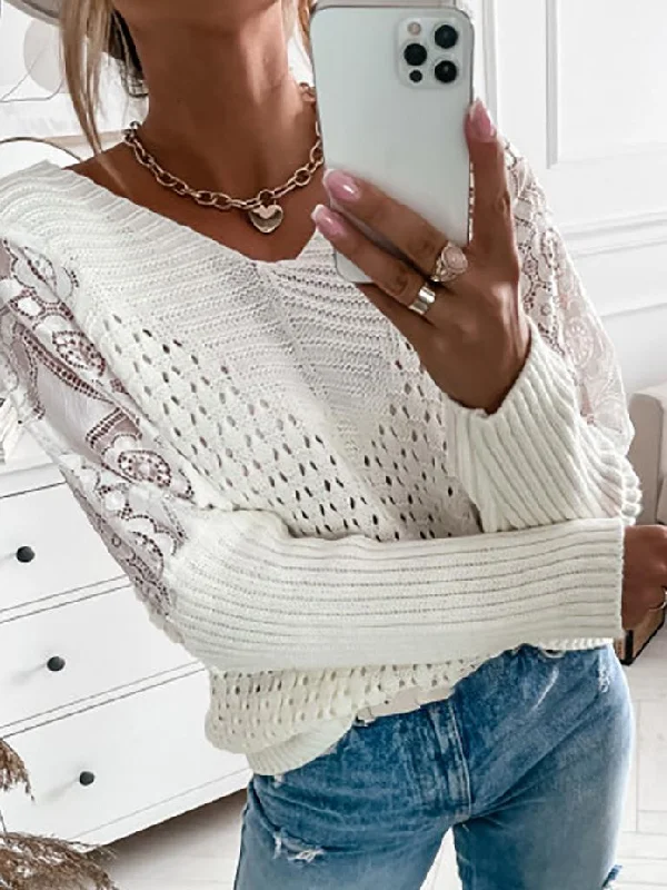 Women's Sweaters Lace Stitching Long Sleeve Hollow Knit Sweater