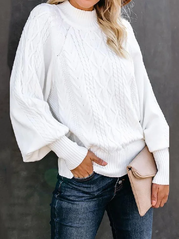 Women's Sweaters Mid-Neck Solid Long Sleeve Knitted Sweater