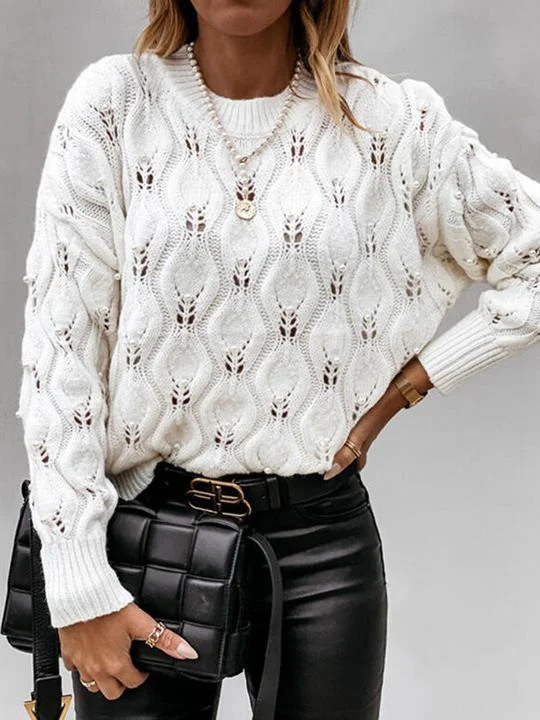 Women's Sweaters Round Neck Bead Hollow Knitted Sweater