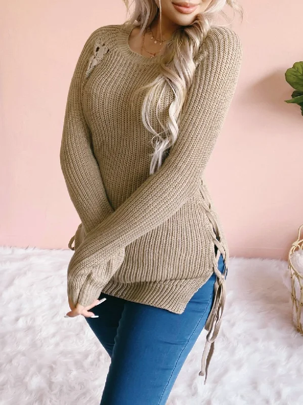 Women's Sweaters Round Neck Solid Belted Long Sleeve Sweater