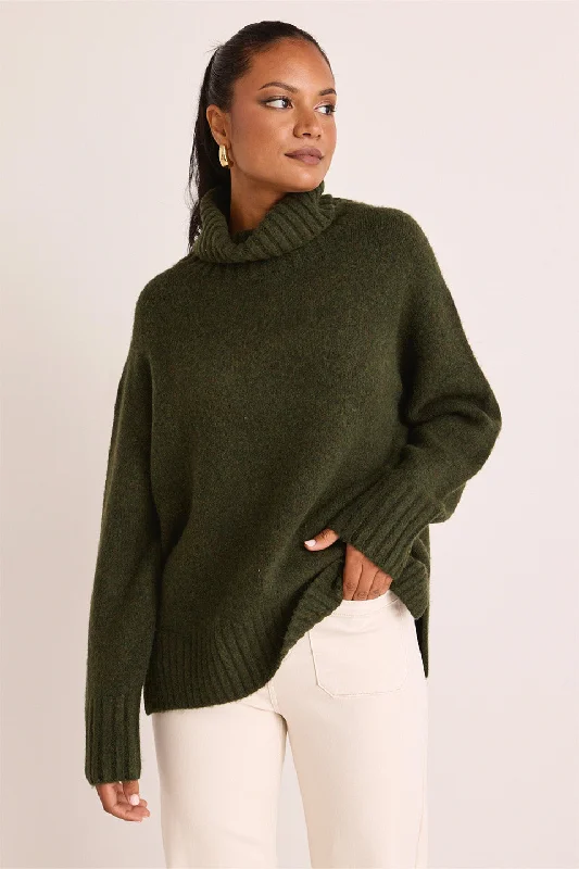 Zealous Dark Khaki Roll Neck Super Soft Knit Jumper