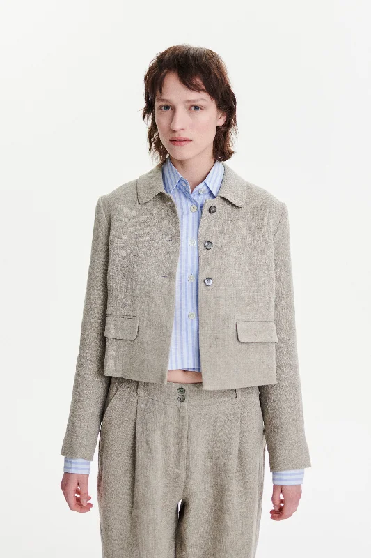 Cropped Jacket in a Beige Fluid and Structured Italian Linen Crepe