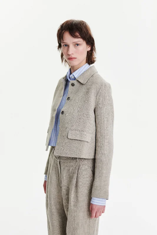 Cropped Jacket in a Beige Fluid and Structured Italian Linen Crepe