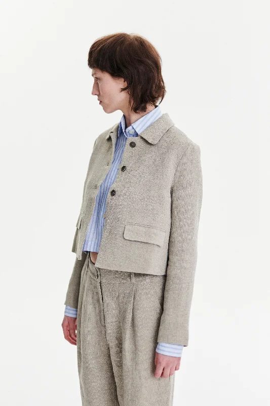 Cropped Jacket in a Beige Fluid and Structured Italian Linen Crepe