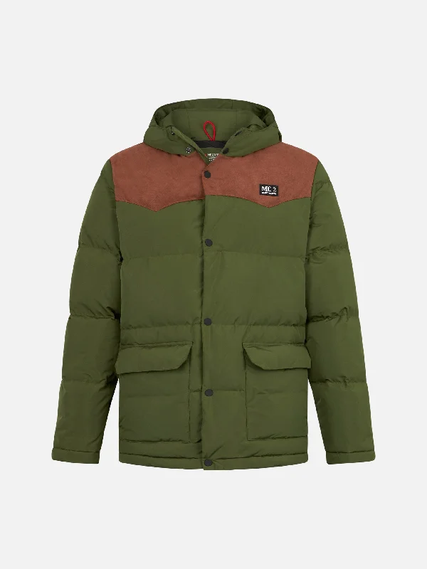 Man hooded down military green jacket