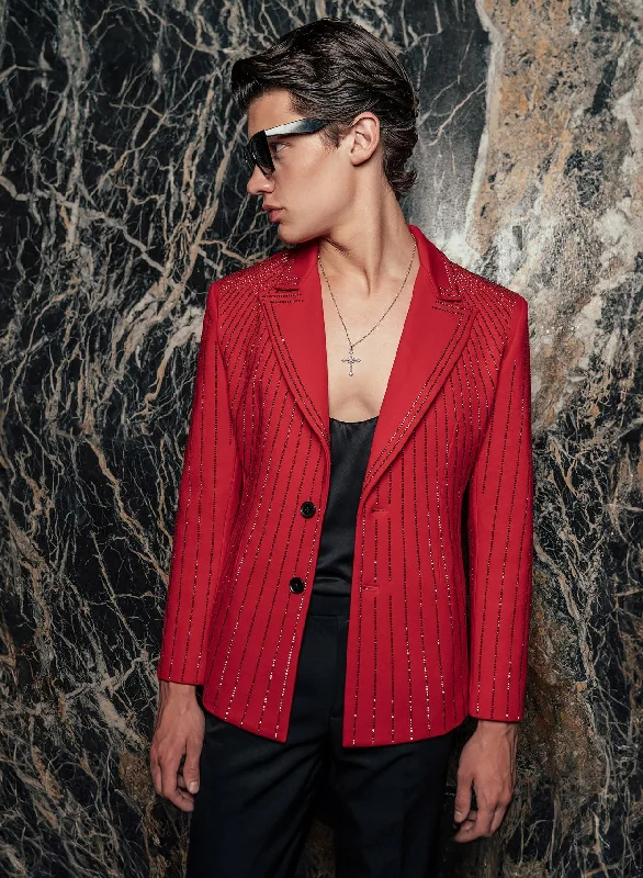 Red Embellished Rhinestone Sequin Blazer