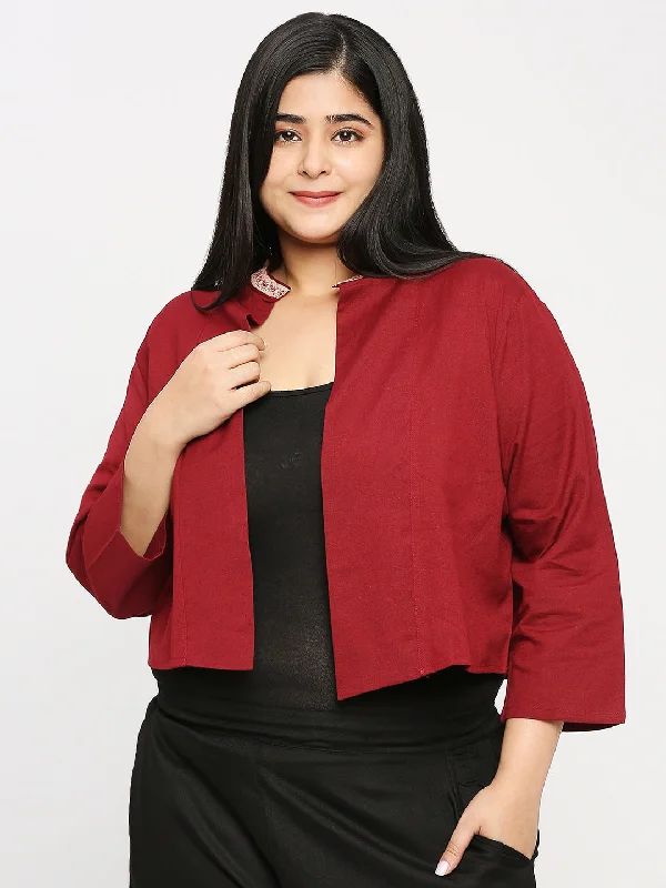 Style Quotient Plus Women Solid Wine Cotton Smart Casual Crop Shrug