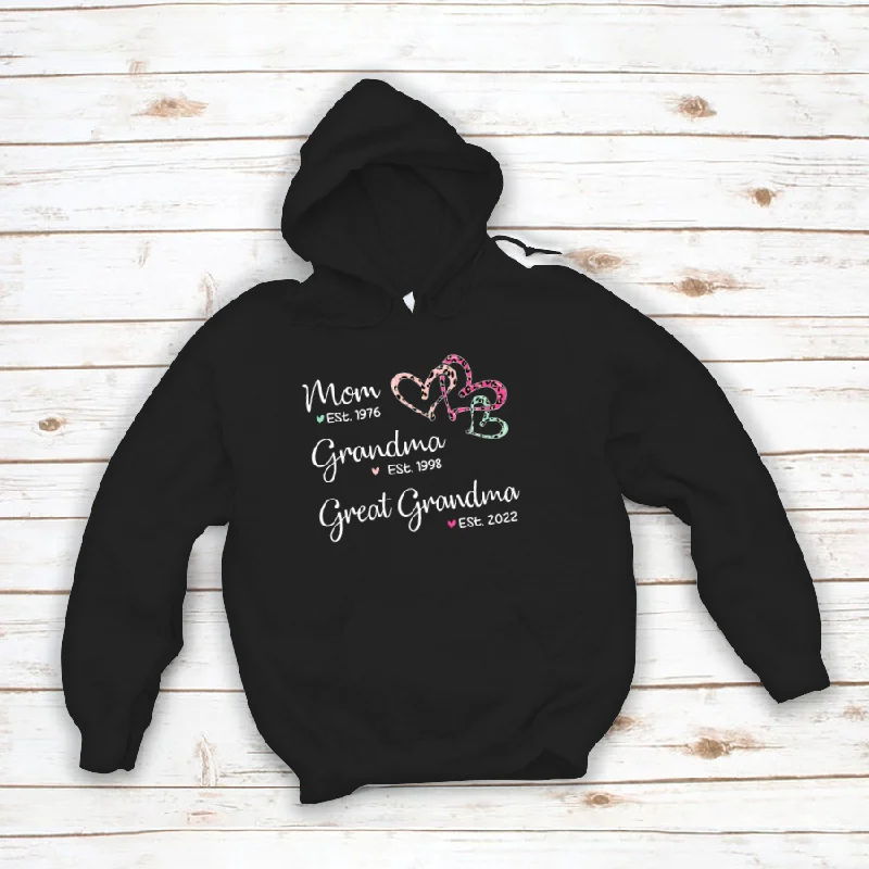 Mom Est Grandma Est Great Grandma Heart Leopard Black Hoodie