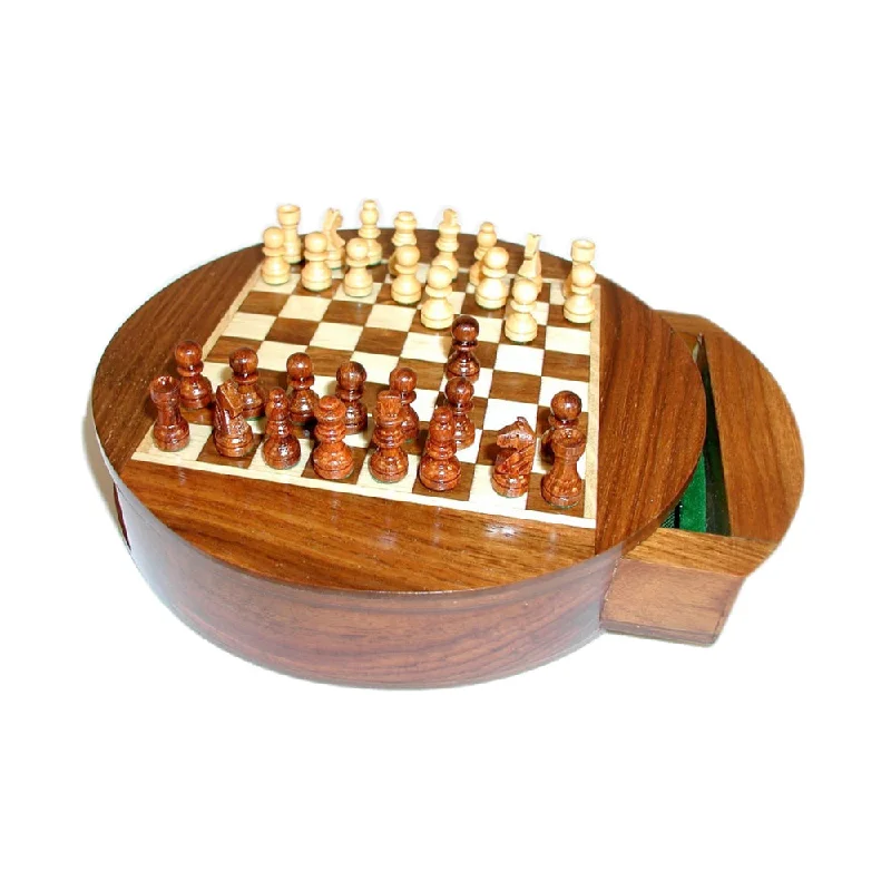 Multi-level puzzles WorldWise Imports 6" Magnetic Round Wood Inlaid Chess Set with Slide Drawer