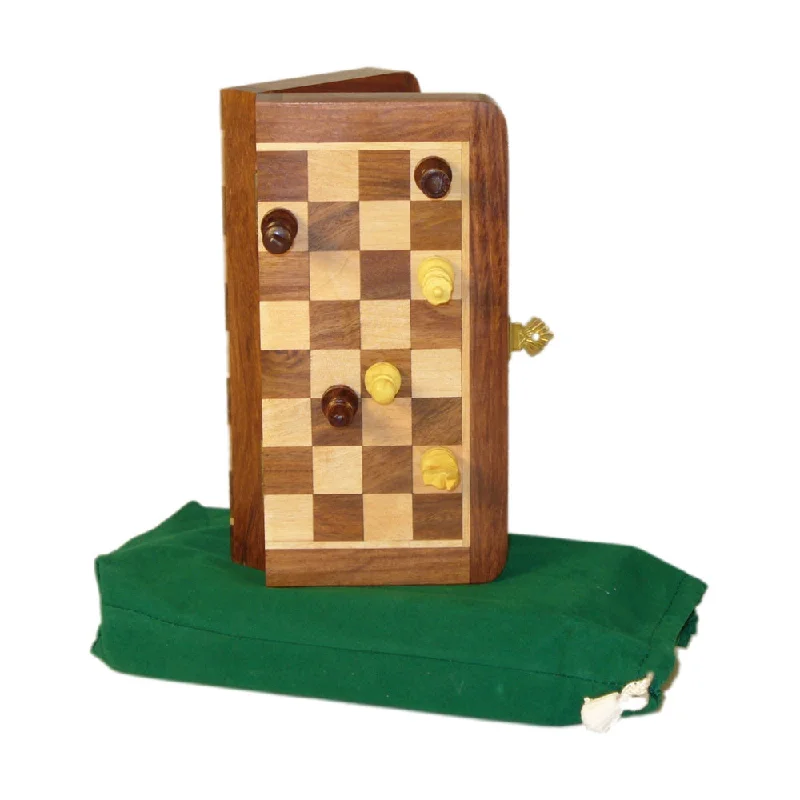 Entertaining games Sheesham & Maple Magnetic Folding Travel Chess Set, 7"x3.5"